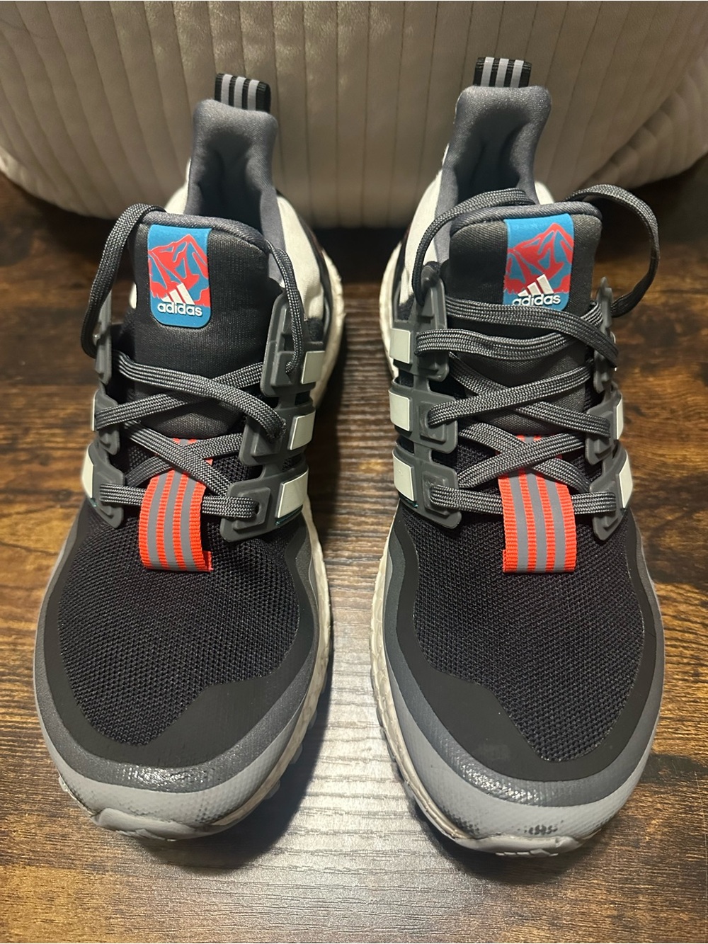 adidas Men’s Black & Gray Athletic Shoes with Red and Blue Logo Accents